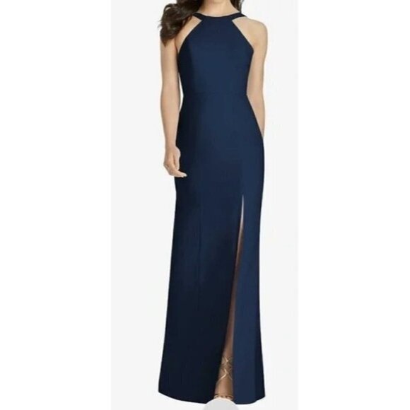 Dessy Collection NWT High Neck Backless Crepe Trumpet Midnight Gown Size 4 - Picture 1 of 7